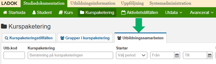 Fliken för "Kurspaketering" under "Studiedokumentation" är markerad och den nya fliken "Utbildningssamarbeten" som finns som nytt tredje alternativ är markerad med en pil.