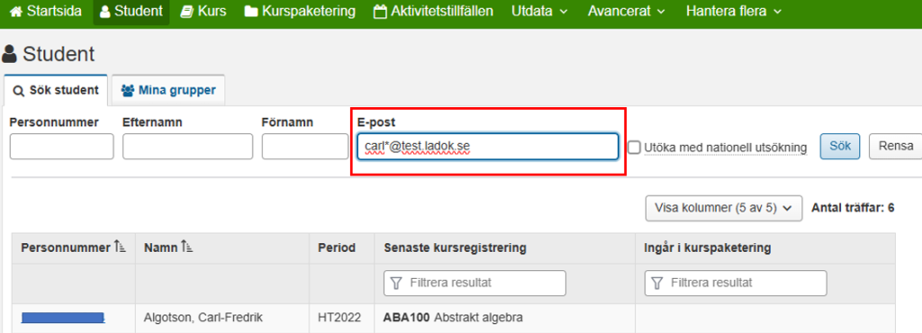 Bilden visar fliken "Student" där det har tillkommit ett fjärde sökfält efter "Personnummer", "Efternamn" och "Förnamn" med namnet "E-post".