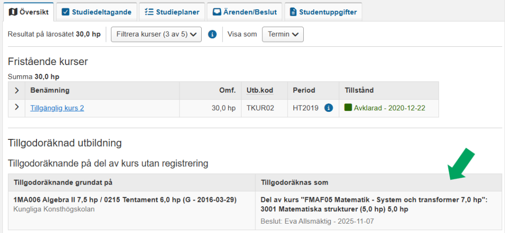 Skärmbild från Ladok. I en students översikt är ett tillgodoräknande avseende del av kurs utan registrering markerat.