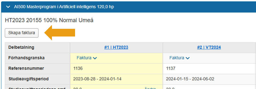 Bilden visar en students fakturavy där det nu finns en knapp som heter "Skapa faktura" över tabellen med fakturor