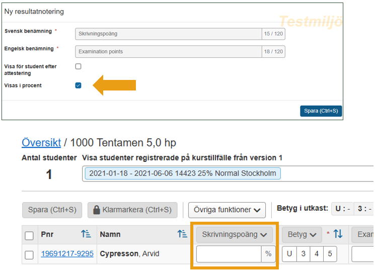 Bilden visar modalen för att skapa en ny resultatnotering, där det nu finns ett nytt val längst ner: En checkbox med ledtexten "Visas i procent".