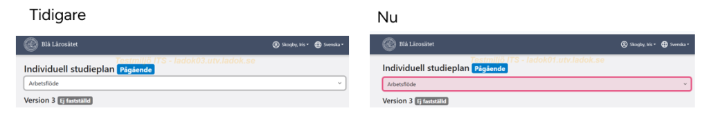 Bilden visar samma vy i Ladok för studenter före och efter förändringen. Innan förändringen är menyn vit och grå med svart text. Efter förändringen är menyn på bilden rosa med röd kantlinje.