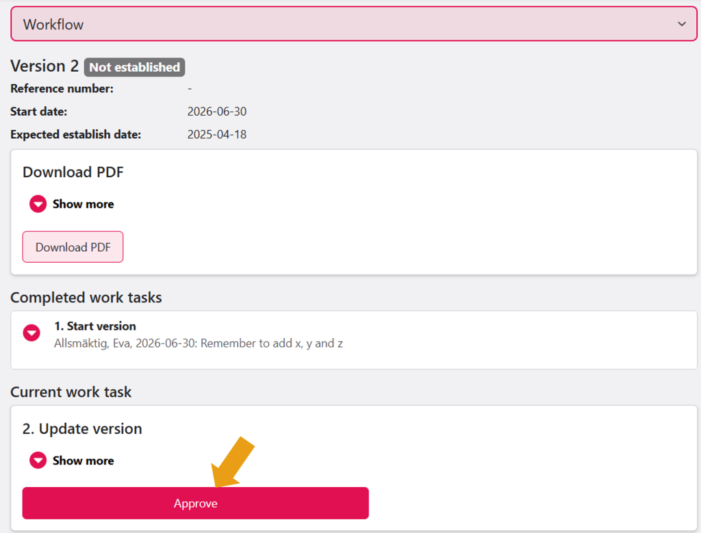 Screenshot from Ladok for students showing the Workflow view. The Approve button is marked.