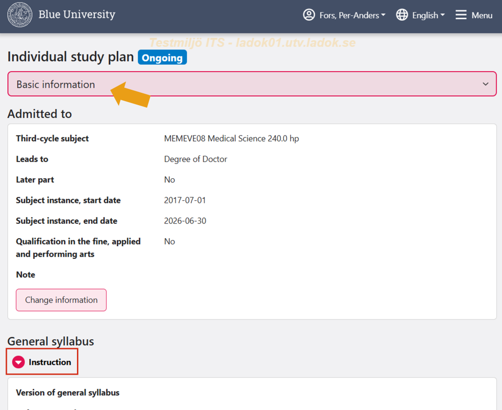 Screenshot from Ladok for students showing the Individual study plan view. The Basic information section and the Instruction button under General syllabus are marked.