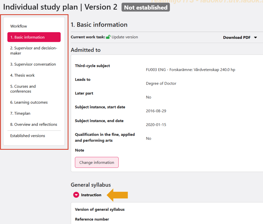 Screenshot from Ladok for students showing the Individual study plan view. The Basic information section and the Instruction button under General syllabus are marked.