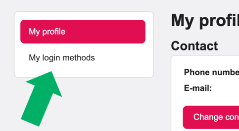 Skärmbild från Ladok som visar profilsidans vänstermeny med alternativen "My profile" och "My login methods". Menyalternativet "My login methods" är markerat.