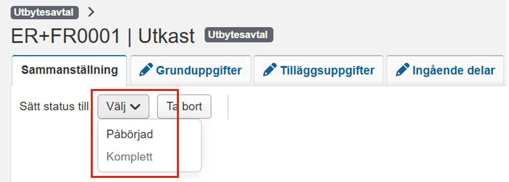 Skärmbild från Ladok som visar fliken "Sammanställning". Valet "Sätt status till" är markerat.