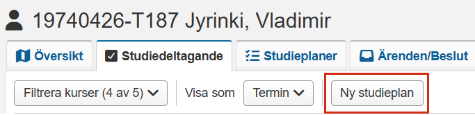 Skärmbild från Ladok som visar studentvyn. Fliken "Studiedeltagande" är markerad.