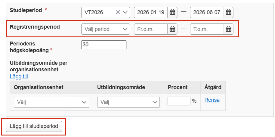 Skärmbild från Ladok som visar vyn för att skapa individuellt tillfälle. Fälten för "Registreringsperiod" samt knappen "Lägg till studieperiod" är markerade.
