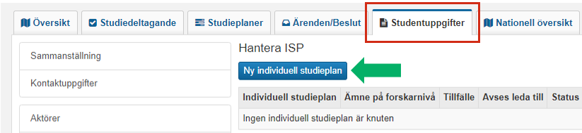 Skärmbild från Ladok som visar vyn Hantera ISP under fliken Studentuppgifter. Fliken Studentuppgifter och knappen Ny individuell studieplan är markerade.