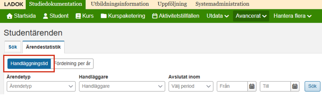 Skärmbild från Ladok som visar vyn Ärendestatistik under Studentärenden. Fliken Handläggningstid är markerad.