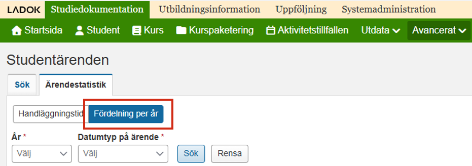 Skärmbild från Ladok som visar vyn Ärendestatistik under Studentärenden. Fliken Fördelning per år är markerad.