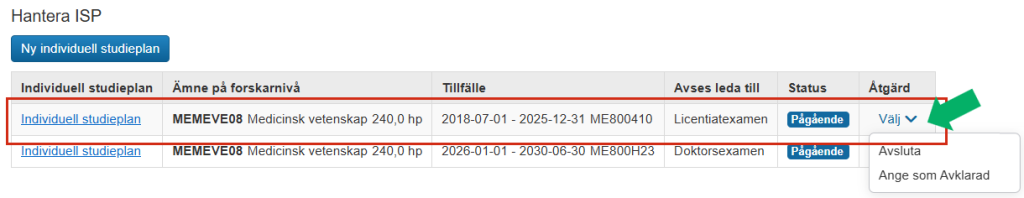 Skärmbild från Ladok som visar vyn Hantera ISP. En rad i listan över individuella studieplaner samt den öppnade åtgärdsmenyn med alternativen Avsluta och Ange som Avklarad är markerade.