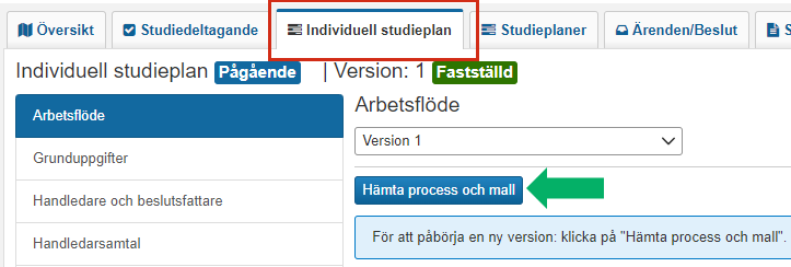 Skärmbild från Ladok som visar vyn Individuell studieplan. Fliken "Individuell studieplan" i toppmenyn och knappen "Hämta process och mall" är markerade.
