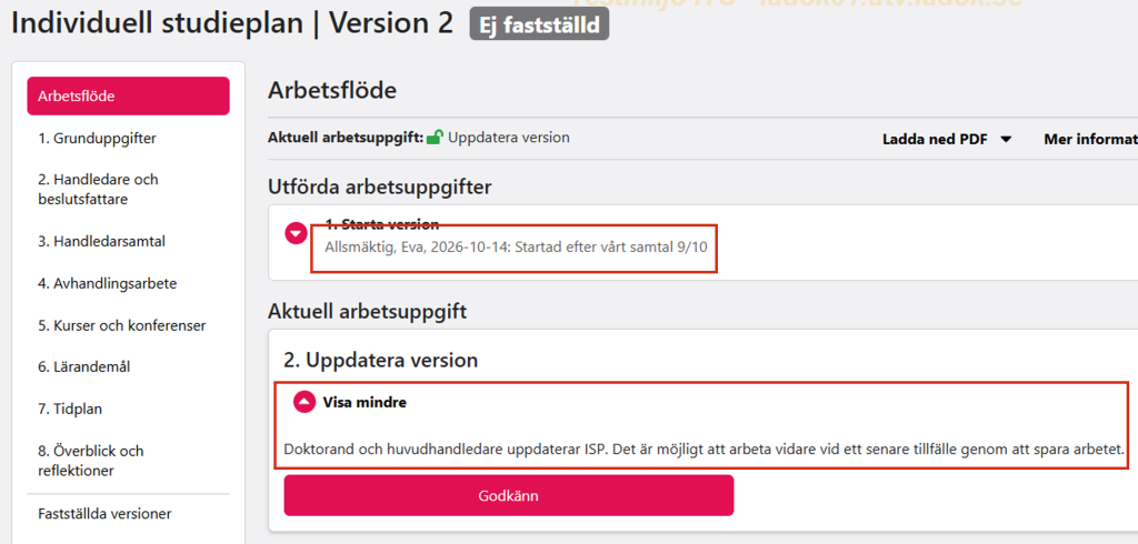 Skärmbild från Ladok för studenter som visar arbetsflödet för en individuell studieplan. Kommentarsfältet under den utförda arbetsuppgiften "Starta version" samt instruktionstexten under den aktuella arbetsuppgiften "Uppdatera version" är markerade.