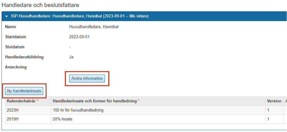 Skärmbild från Ladok som visar vyn Handledare och beslutsfattare. Knappen Ändra information och knappen Ny handledarinsats är markerade.