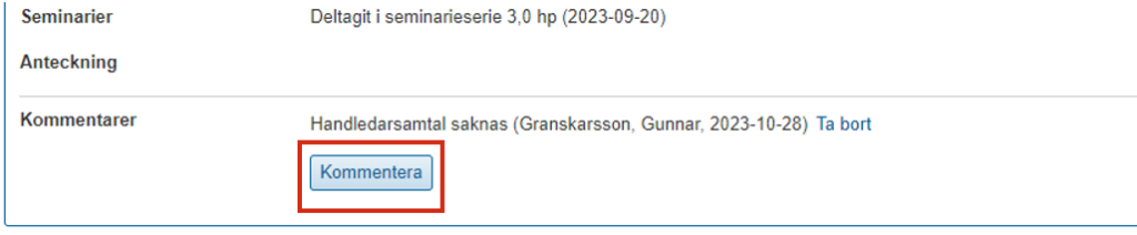 Skärmbild från Ladok som visar vyn tidplan i en ISP. Knappen "Kommentera" är markerad.