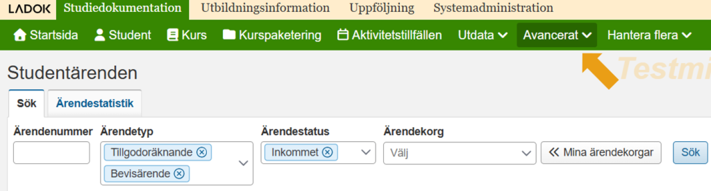 Skärmbild från Ladok som visar vyn Studentärenden, fliken Sök. Knappen Avancerat i navigeringsmenyn är markerad.