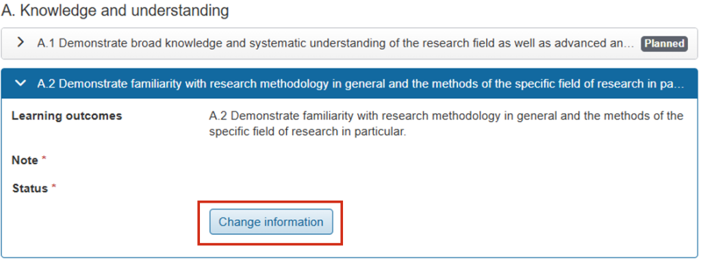 Screenshot from Ladok showing the view for a learning outcome. The Change information button is marked.