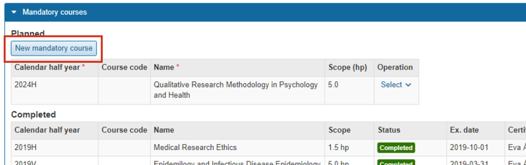 Screenshot from Ladok showing the Mandatory courses view. The New mandatory course button is marked.