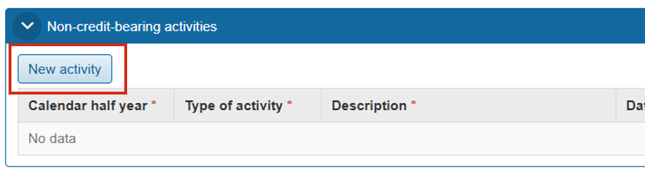 Screenshot from Ladok showing the Non-credit-bearing activities view. The New activity button is marked.