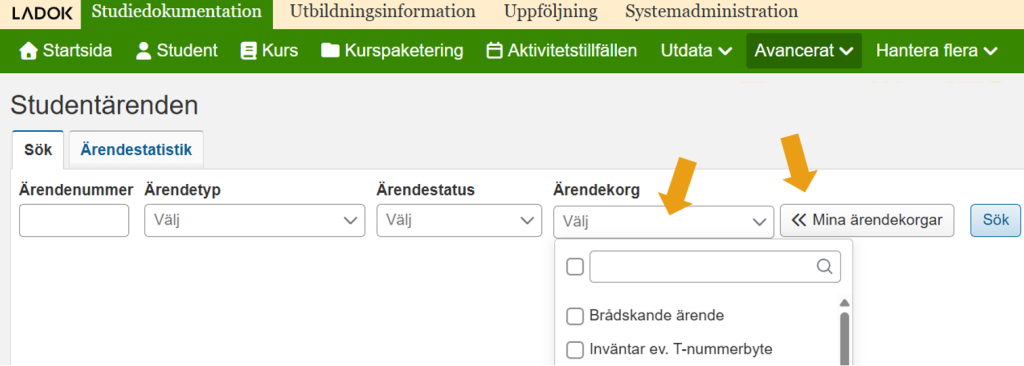 Skärmbild från Ladok som visar vyn Studentärenden, fliken Sök. Rullgardinsmenyn för filtret Ärendekorg samt knappen Mina ärendekorgar är markerade.
