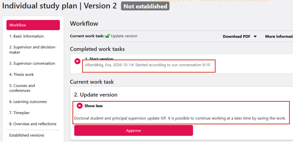 Screenshot from Ladok for students showing the Workflow view. The comment under the Start version step and the description under the Update version step are marked.