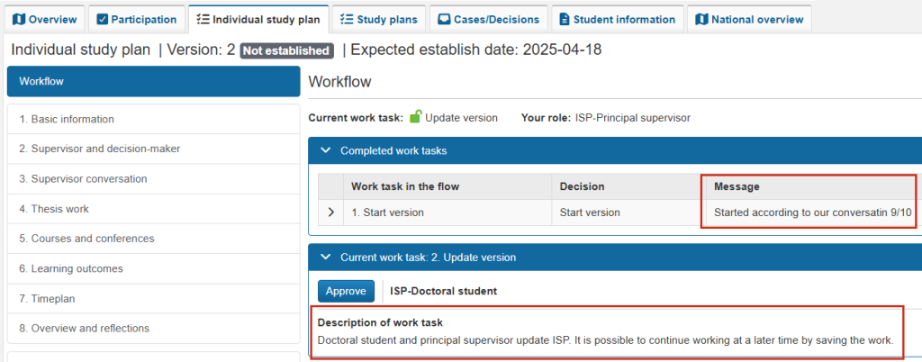 Screenshot from Ladok showing the Individual study plan view under the Workflow tab. The message column in the Completed work tasks table and the Description of work task section under the current work task are marked.