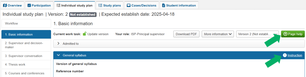 Screenshot from Ladok showing the Individual study plan view under the Basic information tab. The Page help button and the Instruction link are marked.