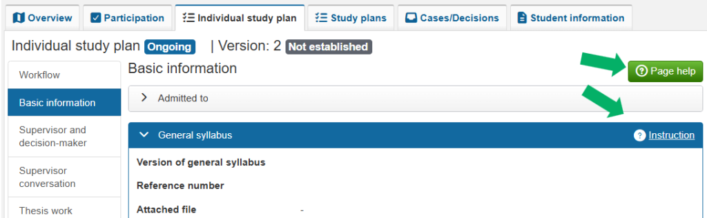 Screenshot from Ladok showing the Individual study plan view under the Basic information tab. The Page help button and the Instruction link are marked.