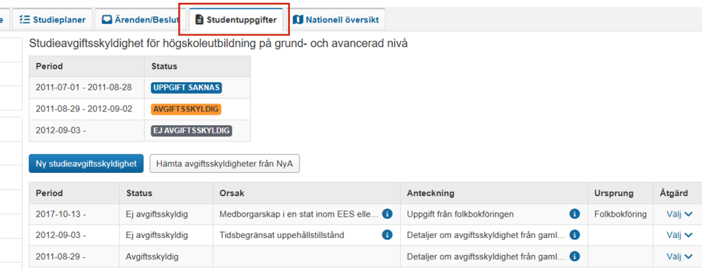 Skärmbild från Ladok som visar vyn Studentuppgifter, fliken Studieavgiftsskyldighet. Fliken Studentuppgifter är markerad.