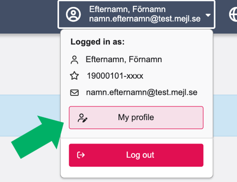 Skärmbild från Ladok, knappen "My profile" är markerad med en grön pil.