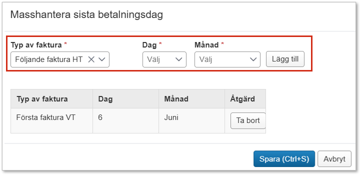 Skärmbild från Ladok som visar dialogrutan Masshantera sista betalningsdag. Fälten Typ av faktura, Dag och Månad är markerade.