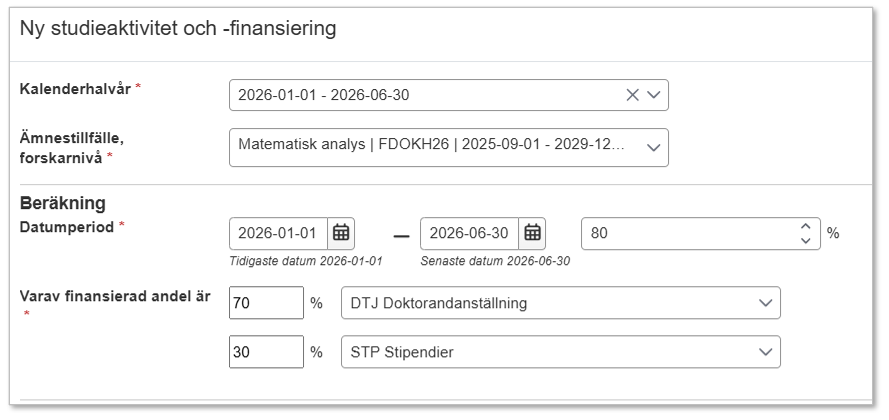 Skärmbild från Ladok som visar vyn Ny studieaktivitet och -finansiering.