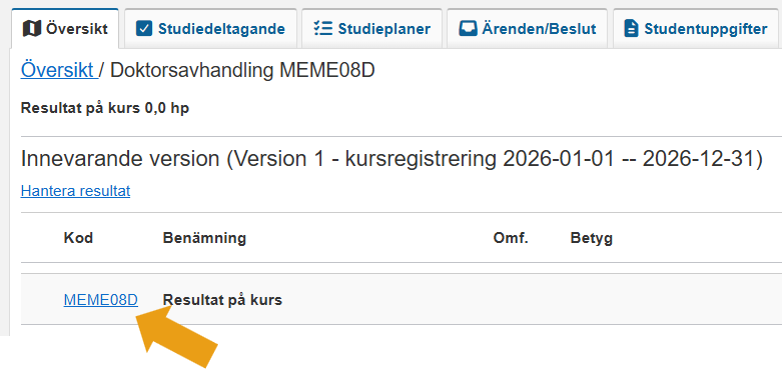 Skärmbild från Ladok som visar vyn Översikt under studentens sida, med information om innevarande version av kursen. Raden "Resultat på kurs" är markerad.