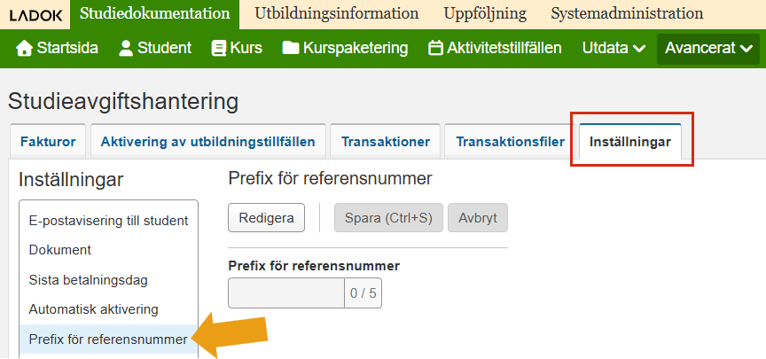 Skärmbild från Ladok som visar vyn Studieavgiftshantering, fliken Inställningar. Fliken Inställningar samt undermenyalternativet Prefix för referensnummer är markerade.