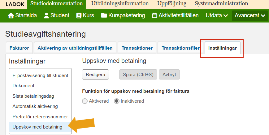 Skärmbild från Ladok som visar vyn Studieavgiftshantering, fliken Inställningar. Fliken Inställningar samt undermenyalternativet Prefix för referensnummer är markerade.