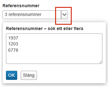 Skärmbild från Ladok som visar filtret Referensnummer med öppen sökruta. Pilen för att öppna rullistan är markerad.