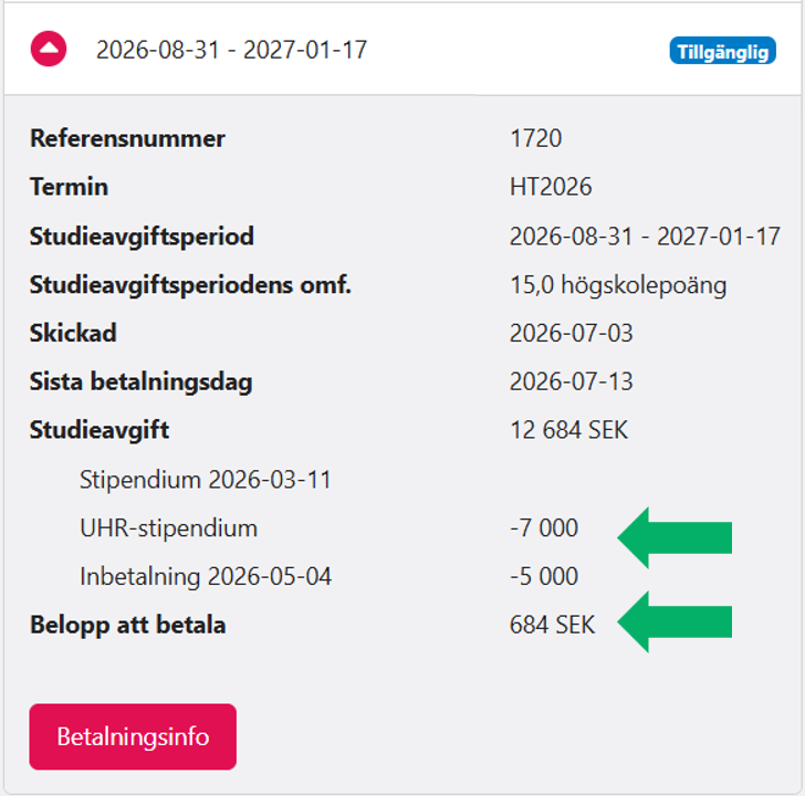 Skärmbild från Ladok för studenter som visar detaljer för en faktura. Betalningsnoteringar i raden Studieavgift och raden Belopp att betala är markerade.