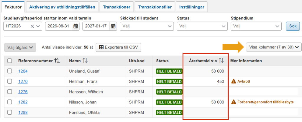 Skärmbild från Ladok som visar sidan Studieavgiftshantering under fliken Fakturor. Knappen "Visa kolumner" samt kolumnen Återbetald s:a är markerade.