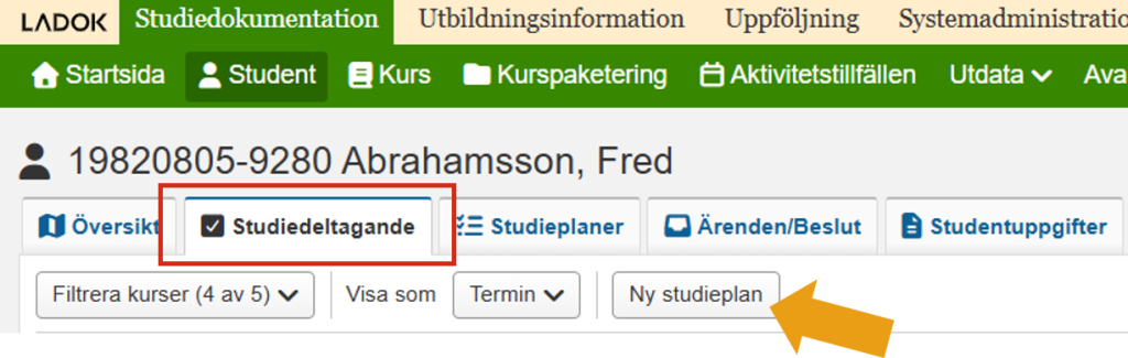 Skärmbild från Ladok som visar vyn Studiedeltagande för en student. Fliken Studiedeltagande och knappen Ny studieplan är markerade.