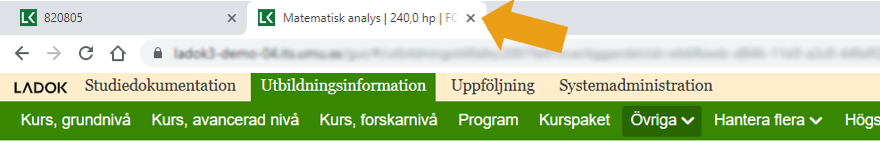 Skärmbild från Ladok som visar vyn Utbildningsinformation. Stäng-knappen i en webbläsarflik är markerad.