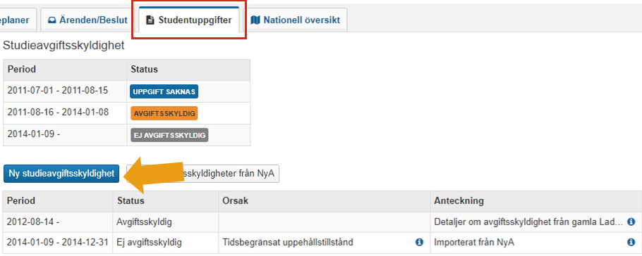 Skärmbild från Ladok som visar vyn Studieavgiftsskyldighet under fliken Studieuppgifter. Fliken Studentuppgifter är markerad, samt knappen Ny studieavgiftsskyldighet.